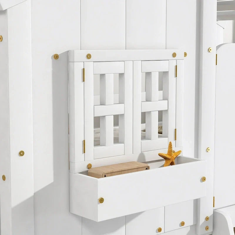 Twin over Twin House Bunk Bed with Roof , Window, Window Box, Door , with Safety Guardrails and Ladder, Grey - image 14