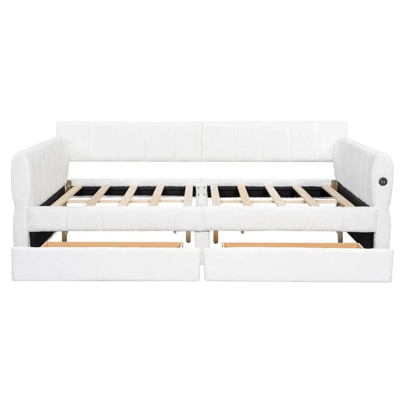 Upholstered Queen Size Daybed Sofa Bed with USB Ports and 2 Drawers - Vertical Stripes Recliner Loveseat Chaise Lounge - image 13