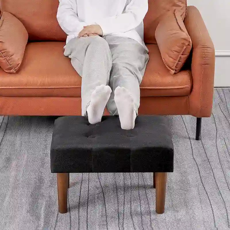 Set of 2 Small Linen Foot Stools with Legs - Rectangle Upholstered Ottoman Footrests - image 9