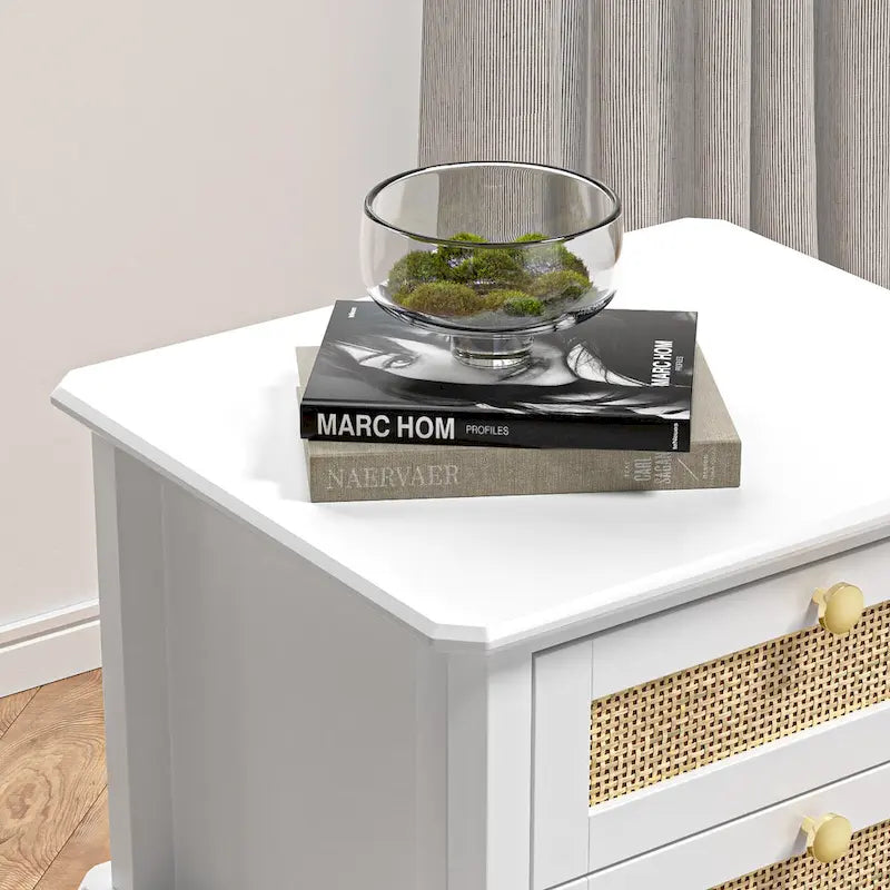 Contemporary 27.95" Tall White 2-Drawer Nightstand with Wood and Rattan, Featuring a Storage Shelf for Bedroom - image 4