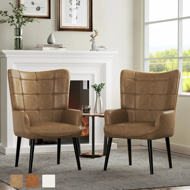 Set of 2 High-Back Tufted Accent Chairs in Cream, Brown, and Taupe - image 1
