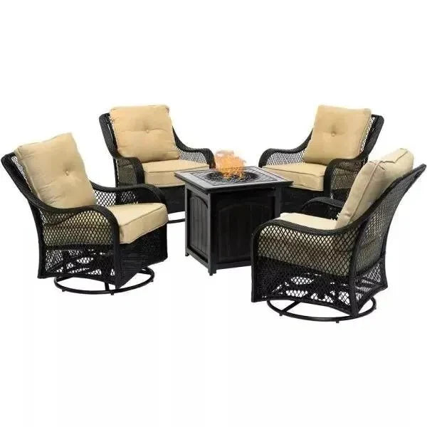 2025 5-piece steel patio fire pit seating set with navy blue cushions, swivel gliders and square fire pit table - image 1
