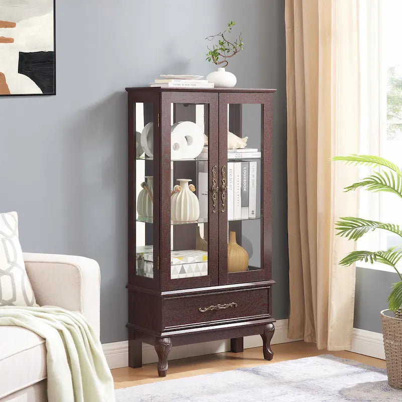 Illuminated Glass Curio Display Cabinet with Adjustable Shelves, Double Doors, and Drawer - Glass Wine Storage Solution - image 23