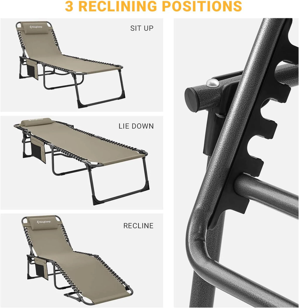 Adjustable 4-Position Folding Chaise Lounge Chair with Pillow Pocket, Supports 265lbs - image 5