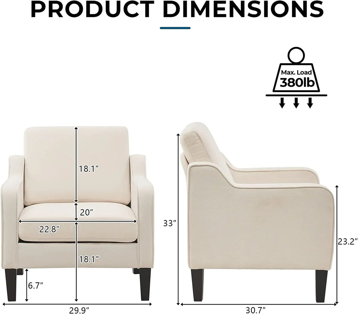 VINGLI Mid-Century Accent Chairs, Upholstered Linen Armchairs for Living Room/Bedroom, Beige (Set of 2) - image 2