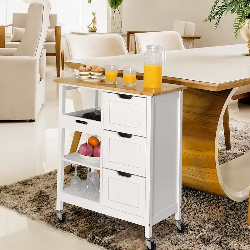 Kleio Solid Wood Kitchen Island Storage Cart with 3 Drawers - Rolling Serving Trolley - image 8