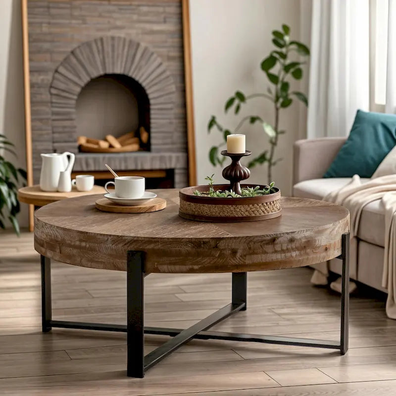 33.86" Modern Retro Round Coffee Table with Cross-Leg Base and Wooden Splicing Design - image 5