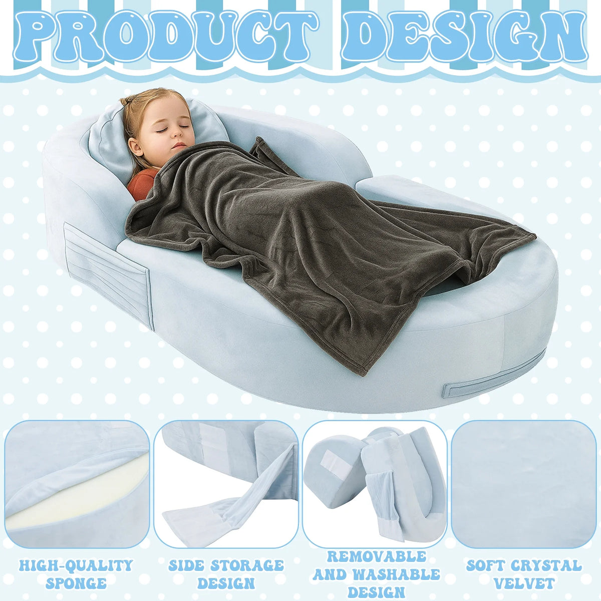 Coumy Toddler Travel Bed 2-in-1 Kids Sofa Chair with Removable Cover, Soft Foam Portable Foldable Toddler Bed for Travel with Carrying Bag, Blue - image 5